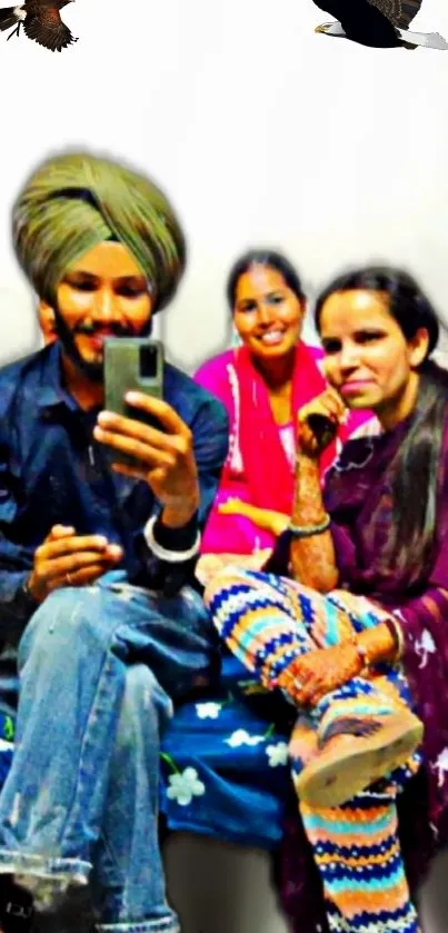 Group selfie with vibrant attire and happy expressions, perfect for mobile wallpaper.