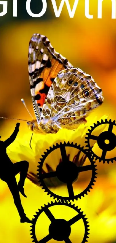 Butterfly on yellow flowers with growth theme gears.