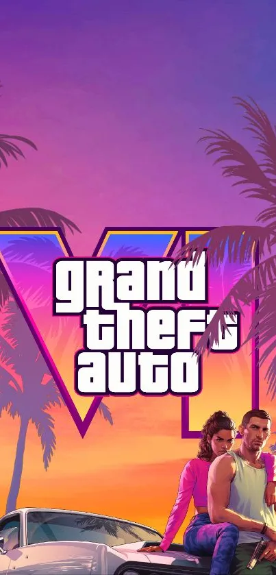 GTA themed mobile wallpaper with tropical hues and sunset.