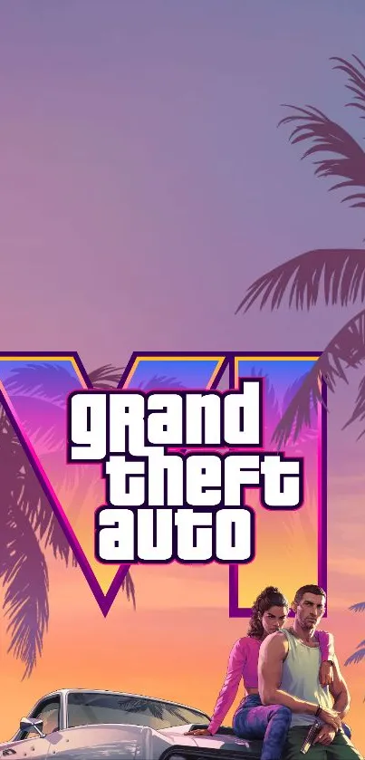 GTA VI game wallpaper with sunset and palm trees.