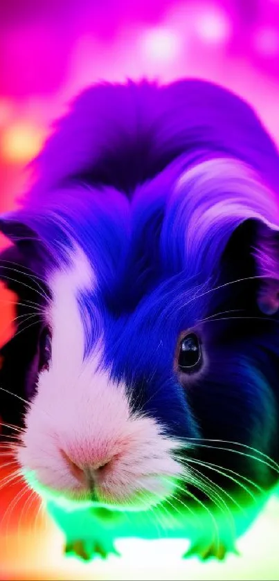 Vibrant guinea pig with rainbow glow on phone wallpaper.