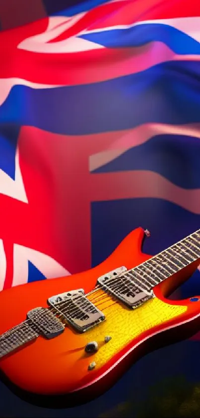 Electric guitar with Union Jack background, vibrant and colorful design.