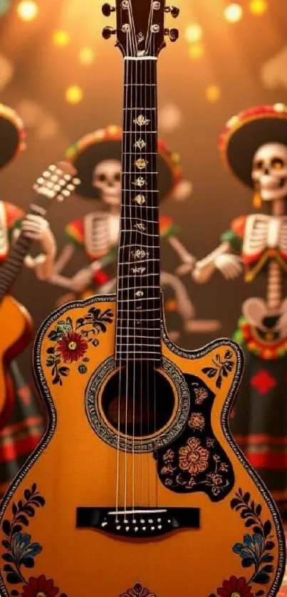 Colorful guitar and skeletons in festive attire.