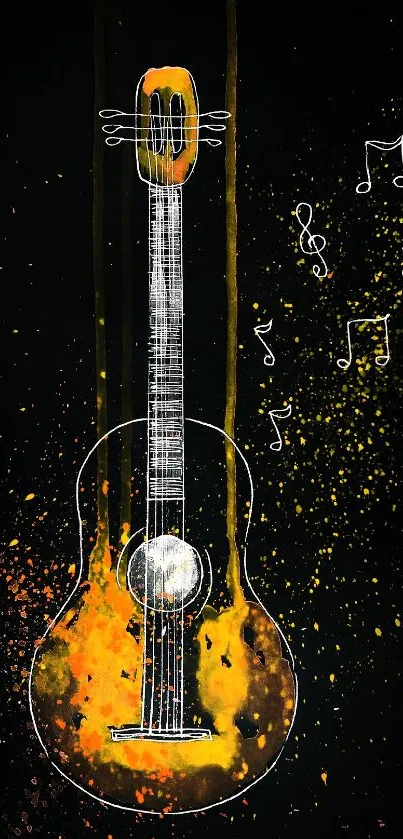 Artistic guitar on black background with music notes and vibrant splashes.