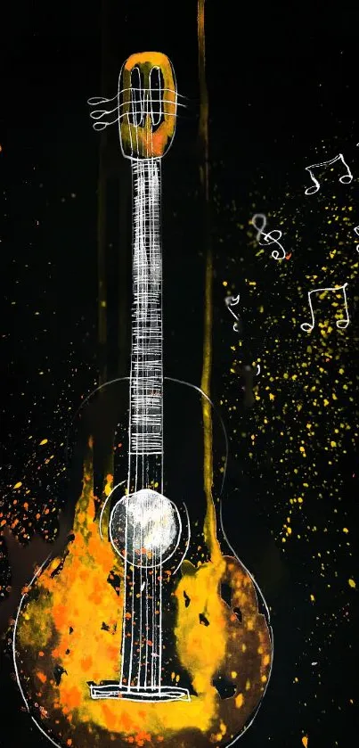 Colorful artistic guitar with musical notes on black background.