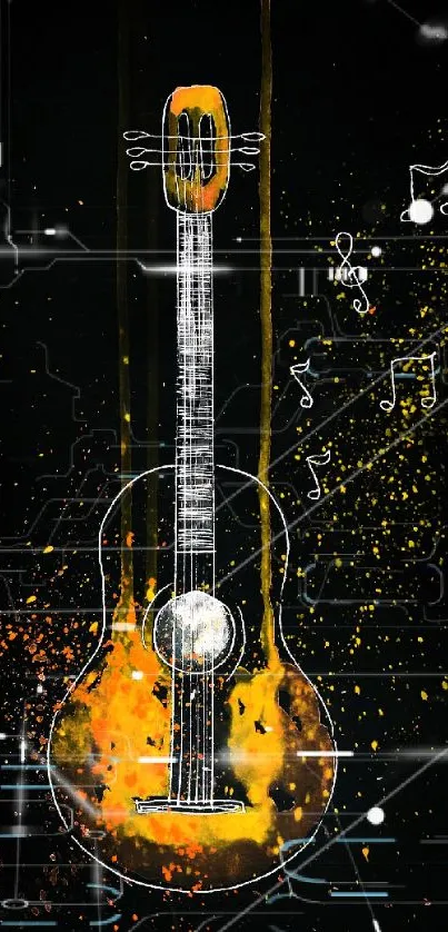 Vibrant guitar wallpaper with orange splashes and musical notes on black background.