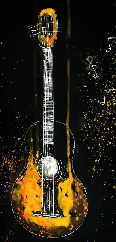 Orange and black guitar art wallpaper with musical notes.