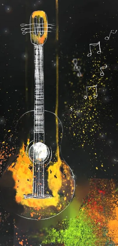 Vibrant abstract guitar with colorful notes and splashes on a black background.