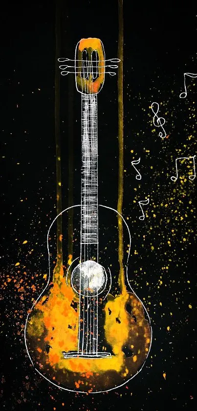 Vibrant orange and black guitar art wallpaper with musical notes.