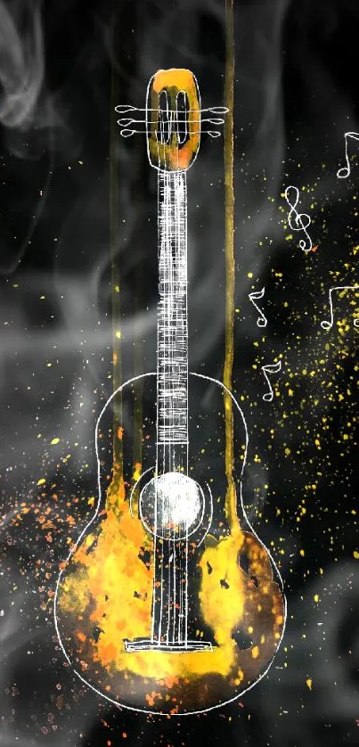 Vibrant guitar art wallpaper with colorful splashes on a black background.