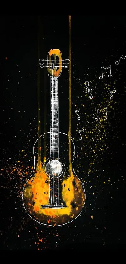 Vibrant artistic guitar with music notes on a dark background.