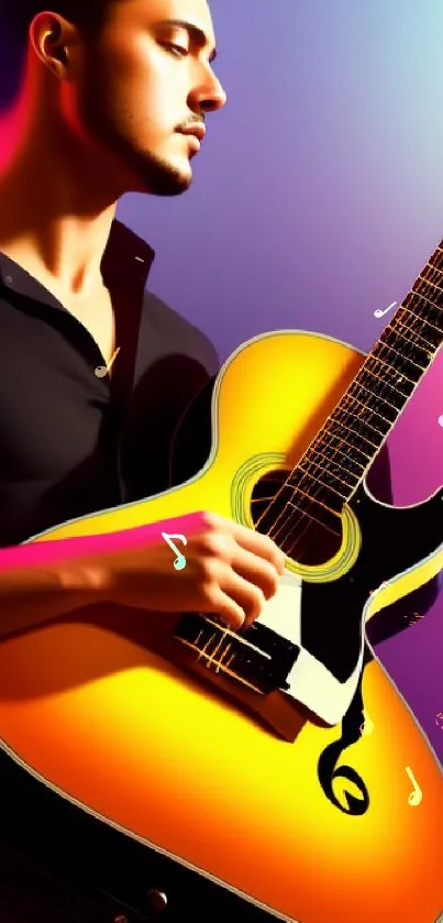 Artistic wallpaper of a musician with a vibrant guitar and colorful lighting.