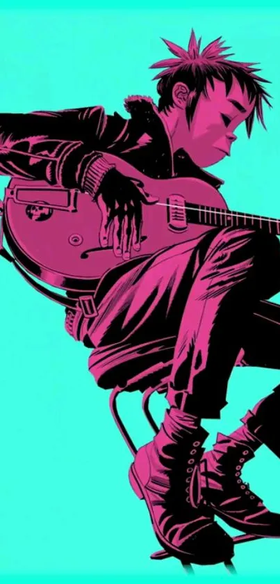 Digital art of a guitarist in neon teal and pink hues on mobile wallpaper.