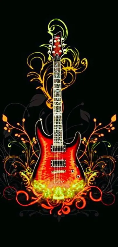 Artistic red guitar with floral designs on a black background.