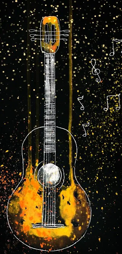 Artistic guitar with musical notes on black background.