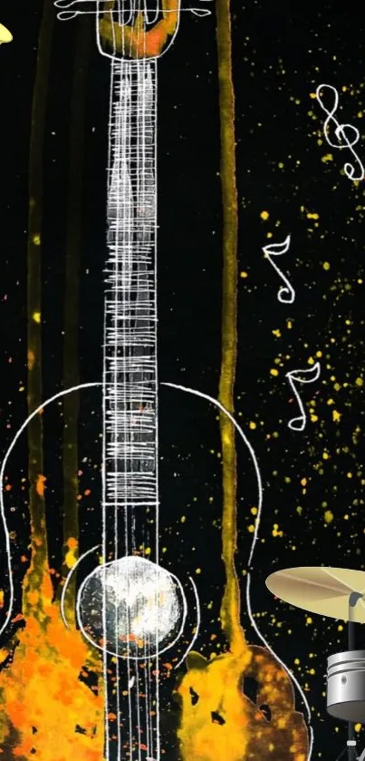 Artistic guitar wallpaper with abstract musical elements in black and yellow.