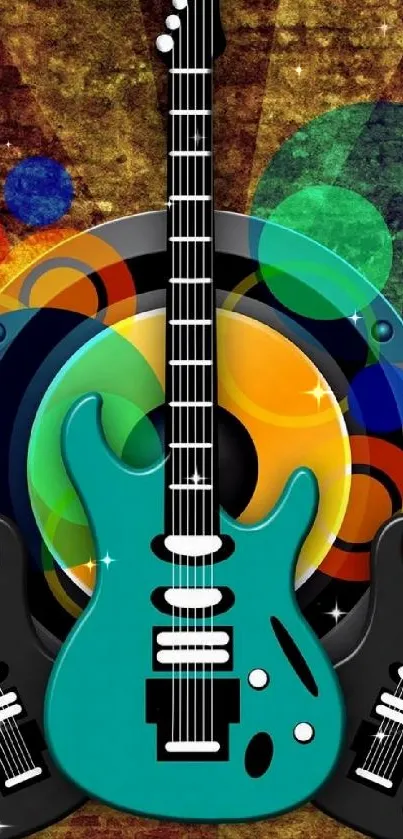 Vibrant teal guitar art wallpaper with colorful design.