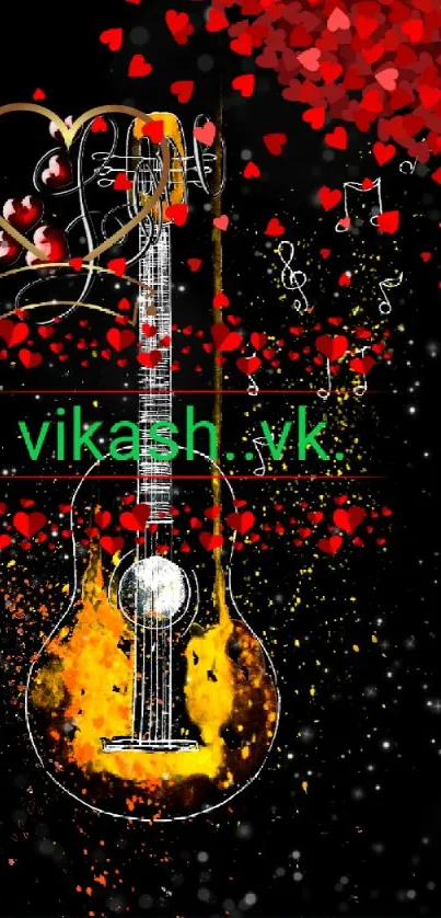 Vibrant guitar wallpaper with hearts and musical motifs on a black background.