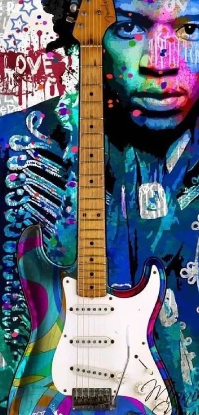 Vibrant abstract art with guitar and portrait.