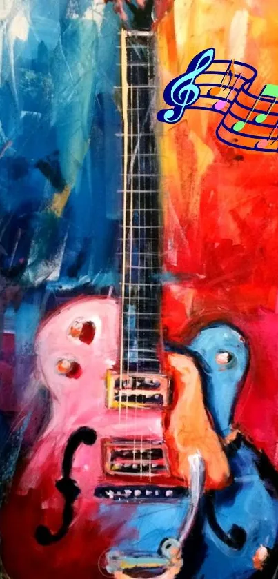 Vibrant abstract guitar painting wallpaper with musical elements.