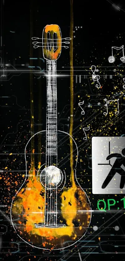 Vibrant guitar design with musical notes on a black background.