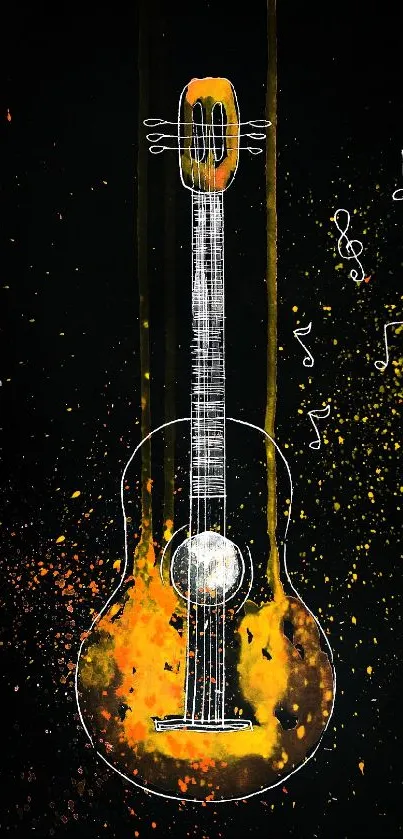Colorful guitar art with musical notes on a dark background.