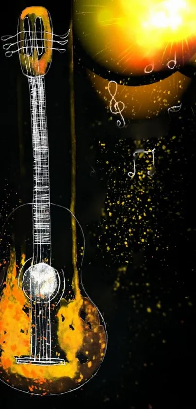 Artistic mobile wallpaper featuring a glowing guitar and musical notes.