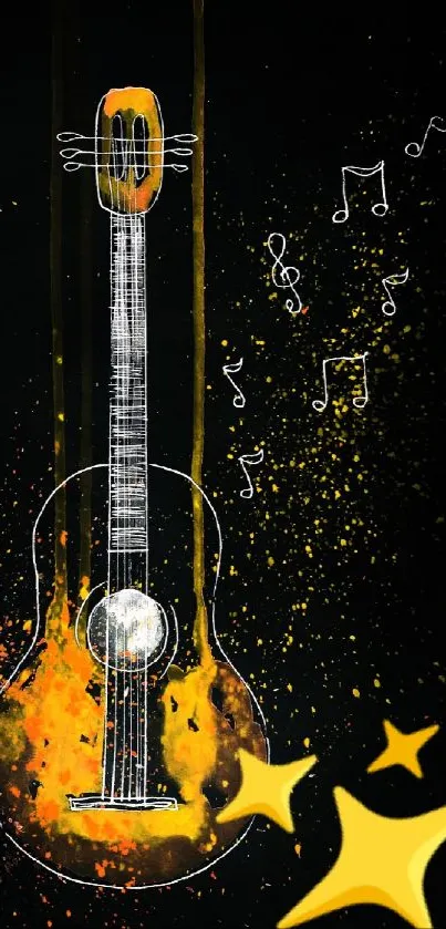 Artistic guitar with vibrant orange splashes and musical notes on black background.