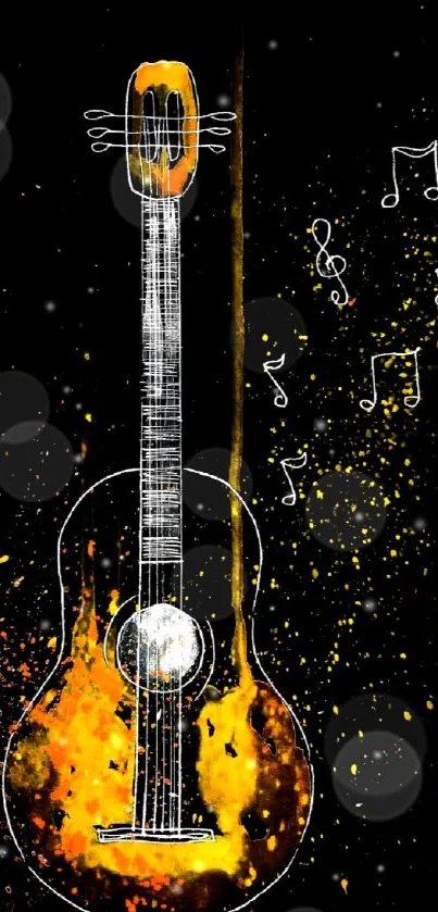 Artistic guitar wallpaper with vibrant colors on a dark background.