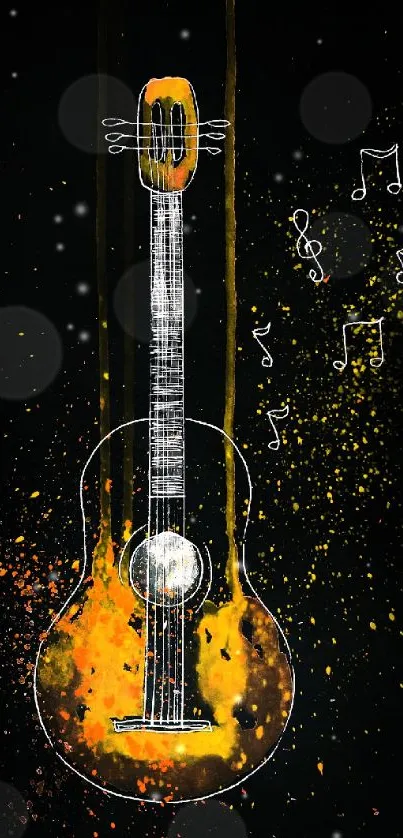 Artistic wallpaper with a vibrant guitar and musical notes on a black background.