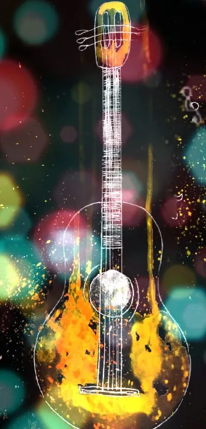 Vibrant guitar art wallpaper with colorful bokeh and musical notes.