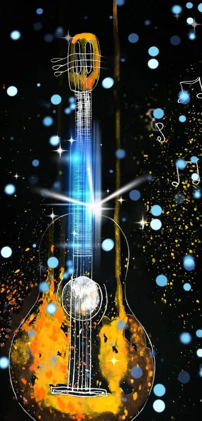 Vibrant abstract guitar art wallpaper with colorful musical elements.