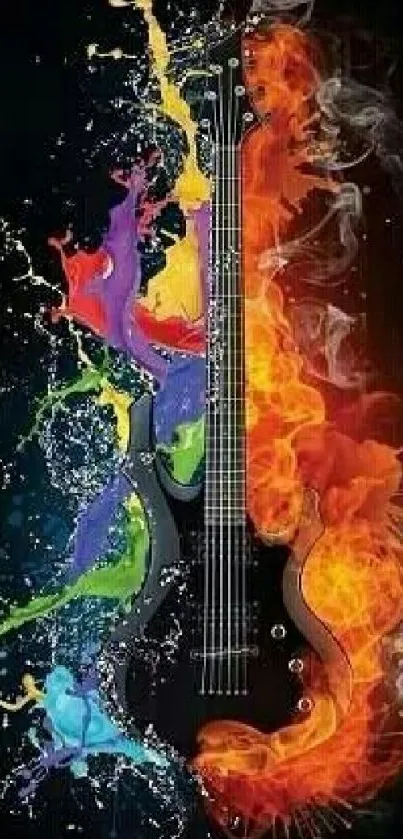 Guitar with vibrant fiery and colorful splash design on black background.