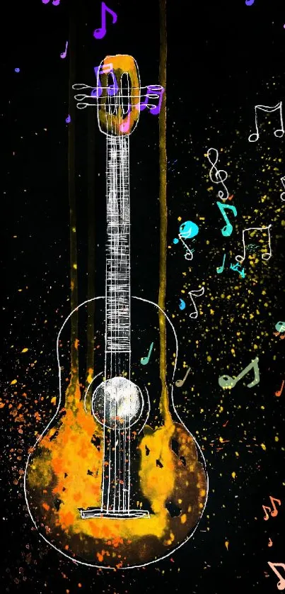 Artistic guitar wallpaper with colorful splashes on black background.