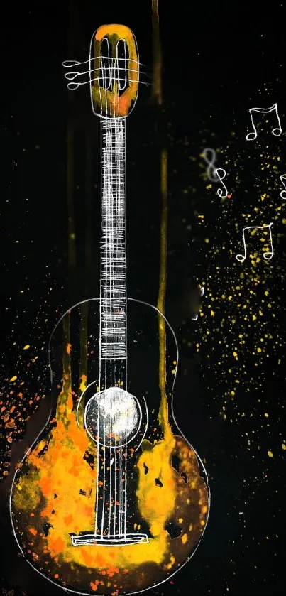 Vibrant orange guitar art on black background wallpaper.