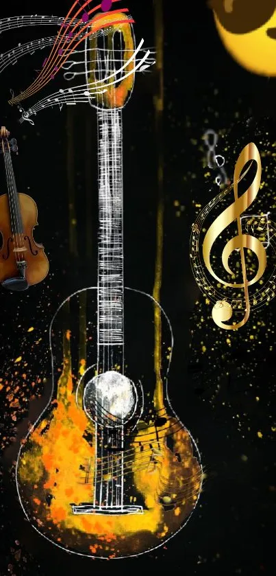 Artistic guitar with vibrant colors and cool emoji on a black background.