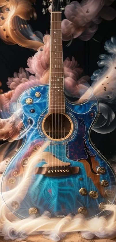 Blue guitar surrounded by swirling smoke.