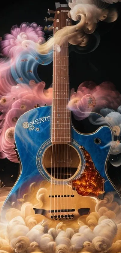 Vibrant blue guitar with colorful swirling patterns in artistic design.