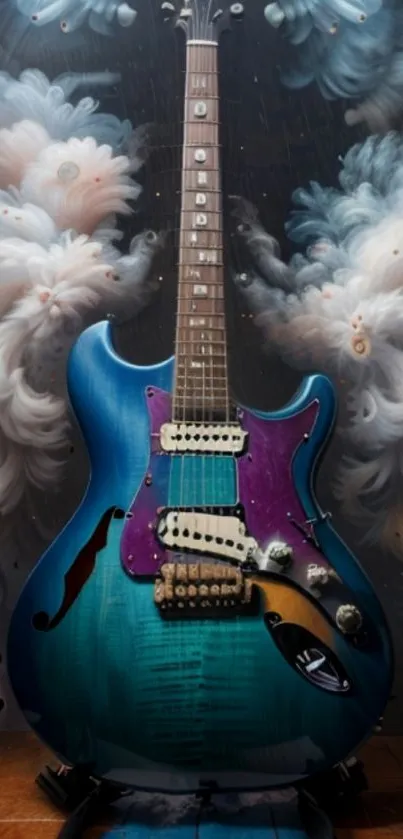 Blue guitar with vibrant and abstract artistic background.