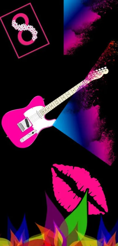 Vibrant mobile wallpaper featuring a pink guitar on a colorful, abstract background.