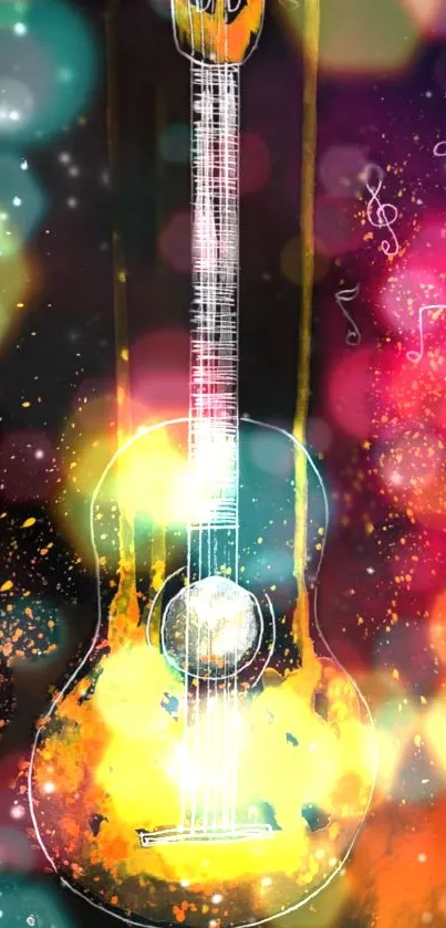 Artistic colorful guitar wallpaper with vibrant lights and musical notes.