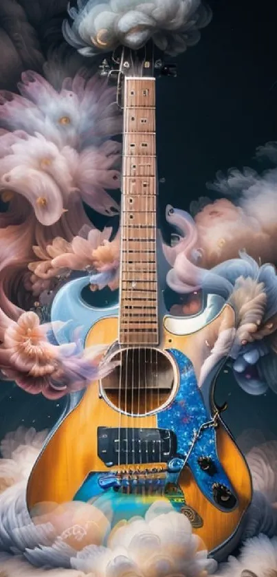 Guitar with vibrant abstract clouds mobile wallpaper.