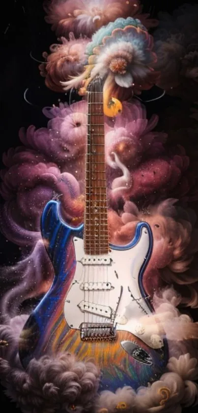 Vibrant abstract guitar with colorful, swirling background design.