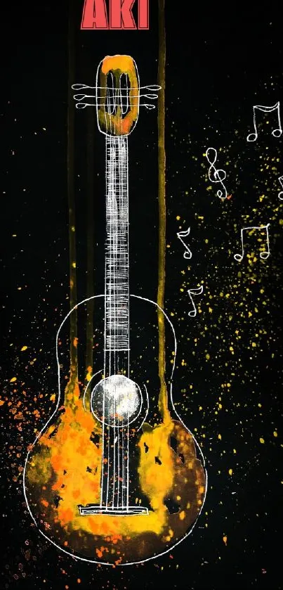 Artistic guitar with orange splashes and musical notes on black background.