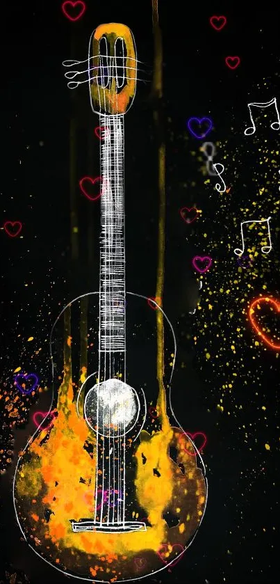 Vibrant guitar with neon notes and hearts on black background.