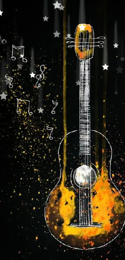 Artistic guitar with colorful splashes against black background.