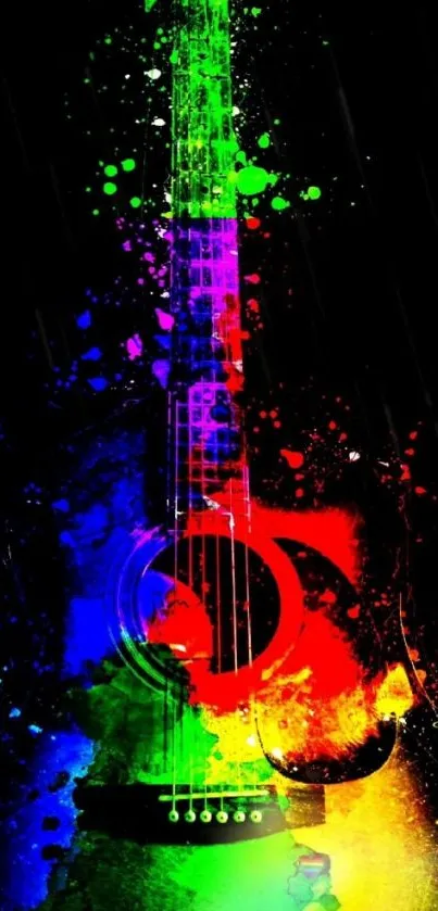 Vibrant guitar with colorful paint splashes on a dark background.