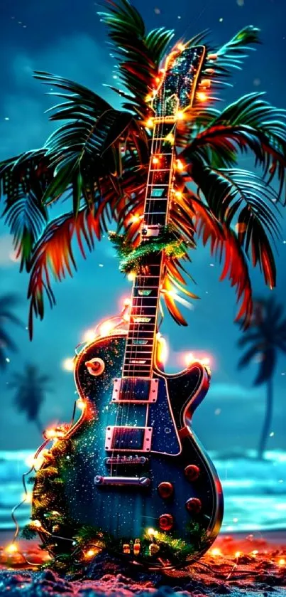 Vibrant electric guitar on a tropical beach with palm trees and lights.