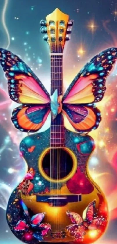 Colorful guitar with butterfly wings mobile wallpaper.