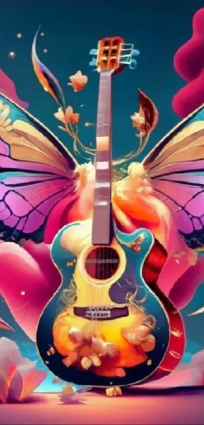 Colorful guitar with butterfly wings wallpaper.